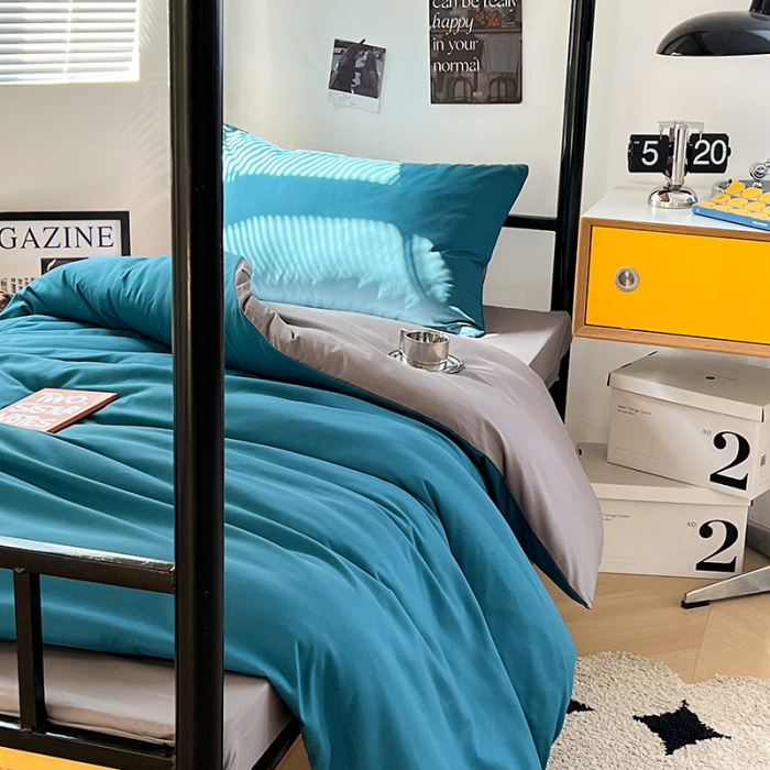 91家纺网 家纺一手货源 找家纺 蓝淋家纺 2023新款水洗棉学生宿舍亲肤三件套四件套 宝蓝灰