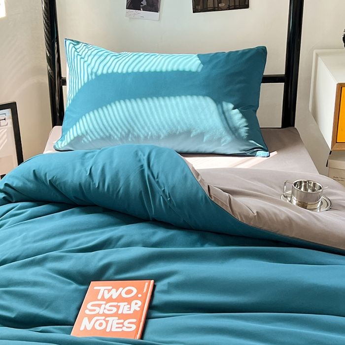 91家纺网 家纺一手货源 找家纺 蓝淋家纺 2023新款水洗棉学生宿舍亲肤三件套四件套 宝蓝灰