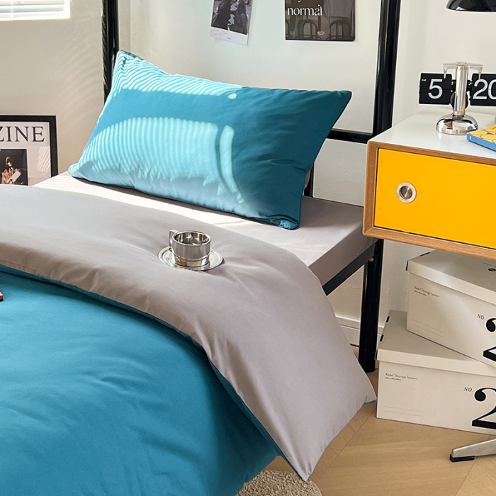 91家纺网 家纺一手货源 找家纺 蓝淋家纺 2023新款水洗棉学生宿舍亲肤三件套四件套 宝蓝灰