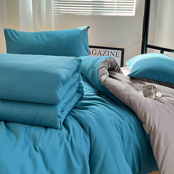 91家纺网 家纺一手货源 找家纺 蓝淋家纺 2023新款水洗棉学生宿舍亲肤三件套四件套 宝蓝灰