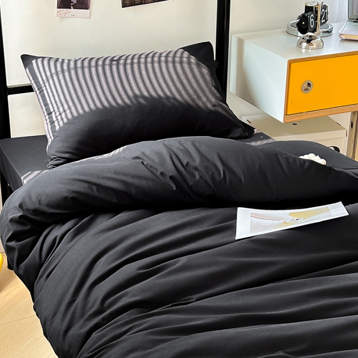 91家纺网 家纺一手货源 找家纺 蓝淋家纺 2023新款水洗棉学生宿舍亲肤三件套四件套 纯黑