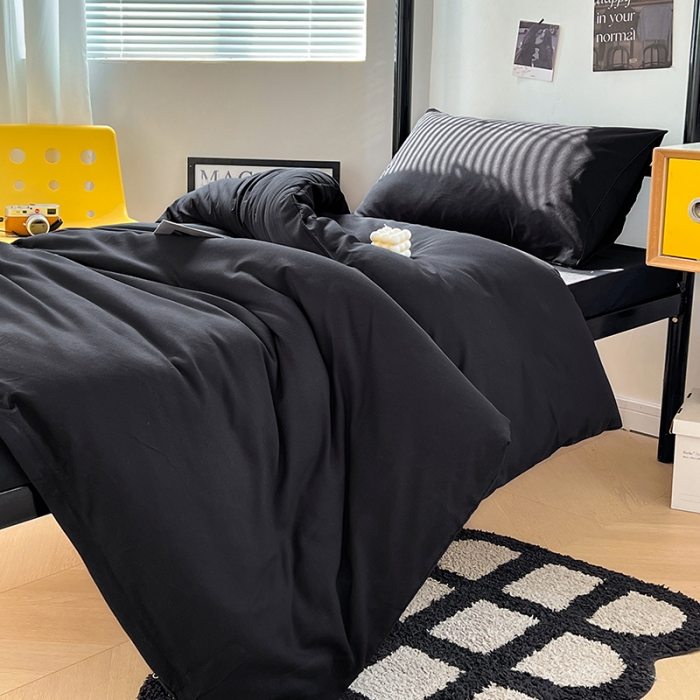 91家纺网 家纺一手货源 找家纺 蓝淋家纺 2023新款水洗棉学生宿舍亲肤三件套四件套 纯黑