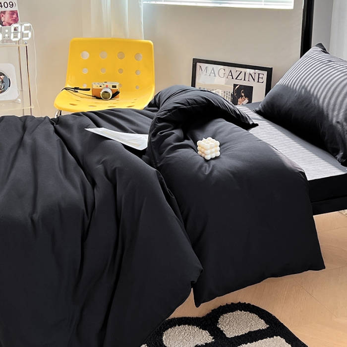 91家纺网 家纺一手货源 找家纺 蓝淋家纺 2023新款水洗棉学生宿舍亲肤三件套四件套 纯黑