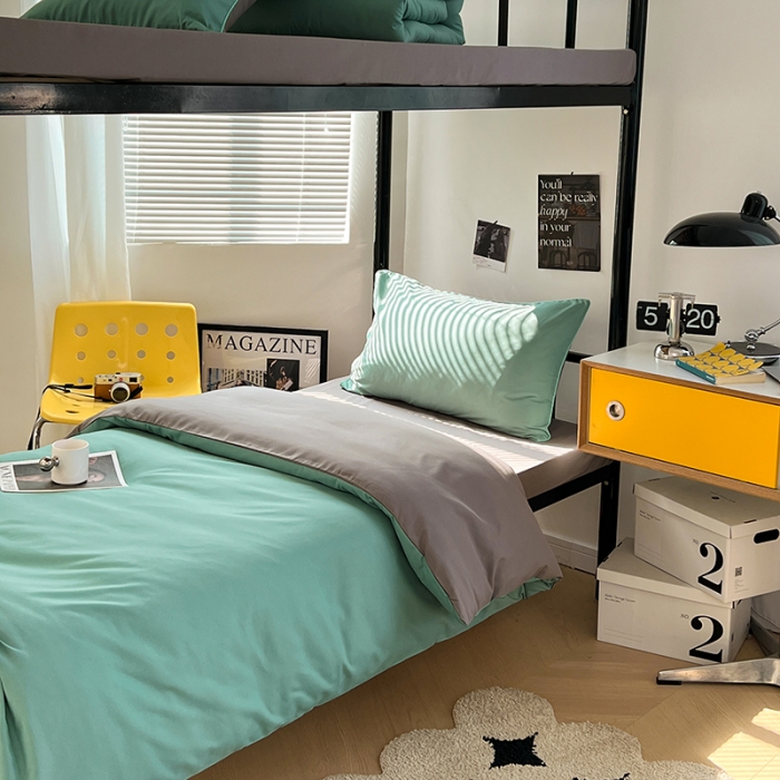 91家纺网 家纺一手货源 找家纺 蓝淋家纺 2023新款水洗棉学生宿舍亲肤三件套四件套 豆绿灰