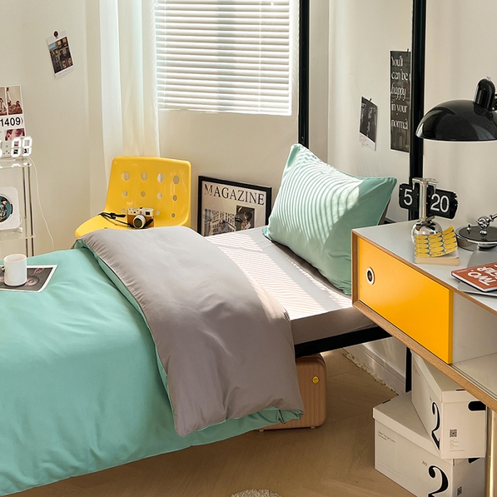 91家纺网 家纺一手货源 找家纺 蓝淋家纺 2023新款水洗棉学生宿舍亲肤三件套四件套 豆绿灰