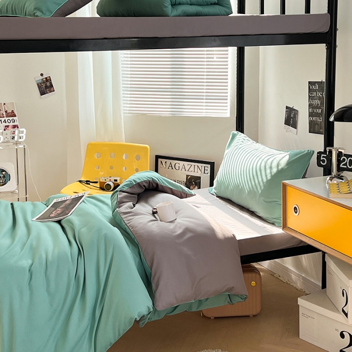 91家纺网 家纺一手货源 找家纺 蓝淋家纺 2023新款水洗棉学生宿舍亲肤三件套四件套 豆绿灰