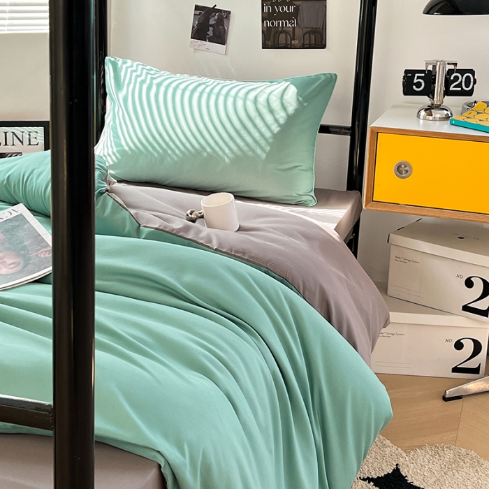 91家纺网 家纺一手货源 找家纺 蓝淋家纺 2023新款水洗棉学生宿舍亲肤三件套四件套 豆绿灰