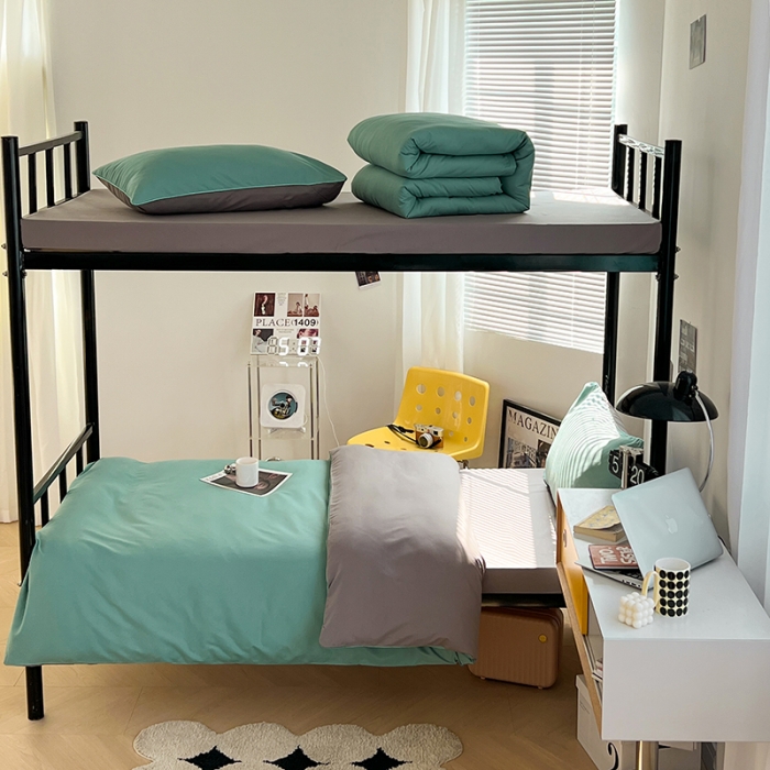 91家纺网 家纺一手货源 找家纺 蓝淋家纺 2023新款水洗棉学生宿舍亲肤三件套四件套 豆绿灰