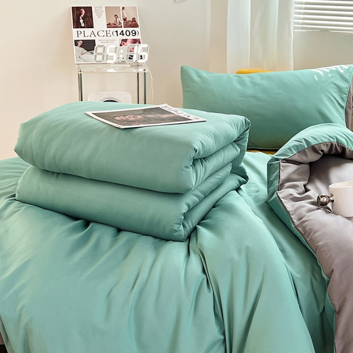 91家纺网 家纺一手货源 找家纺 蓝淋家纺 2023新款水洗棉学生宿舍亲肤三件套四件套 豆绿灰