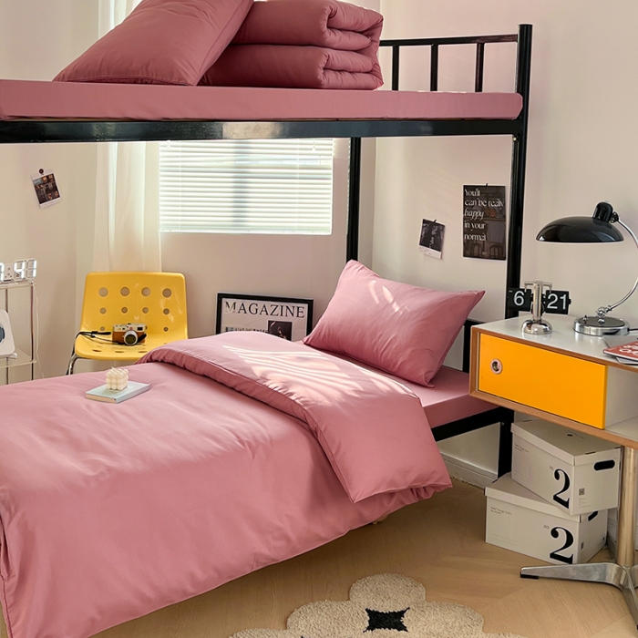 91家纺网 家纺一手货源 找家纺 蓝淋家纺 2023新款水洗棉学生宿舍亲肤三件套四件套 豆沙