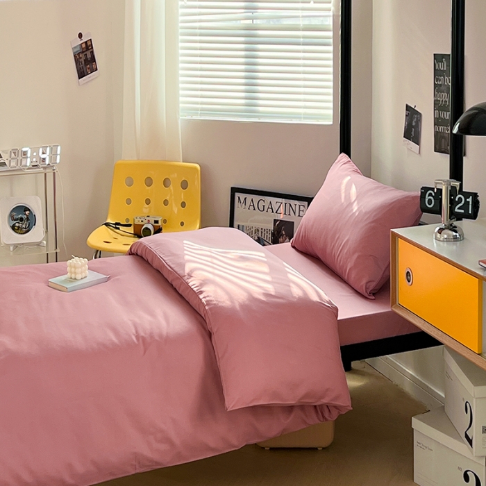 91家纺网 家纺一手货源 找家纺 蓝淋家纺 2023新款水洗棉学生宿舍亲肤三件套四件套 豆沙