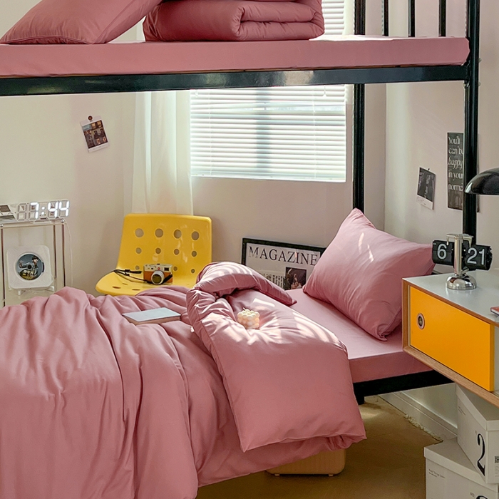 91家纺网 家纺一手货源 找家纺 蓝淋家纺 2023新款水洗棉学生宿舍亲肤三件套四件套 豆沙