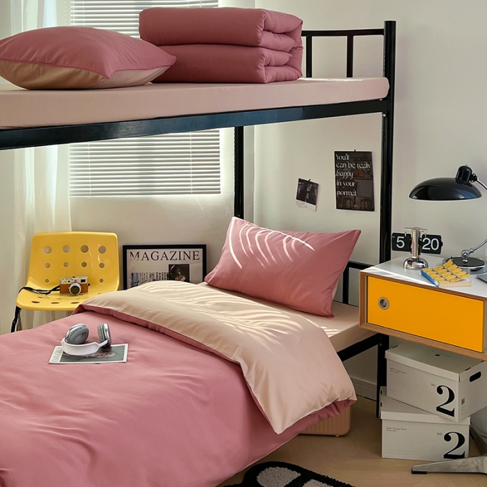 91家纺网 家纺一手货源 找家纺 蓝淋家纺 2023新款水洗棉学生宿舍亲肤三件套四件套 豆沙+奶茶