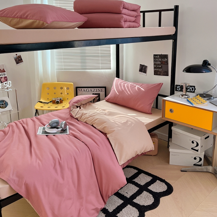 91家纺网 家纺一手货源 找家纺 蓝淋家纺 2023新款水洗棉学生宿舍亲肤三件套四件套 豆沙+奶茶