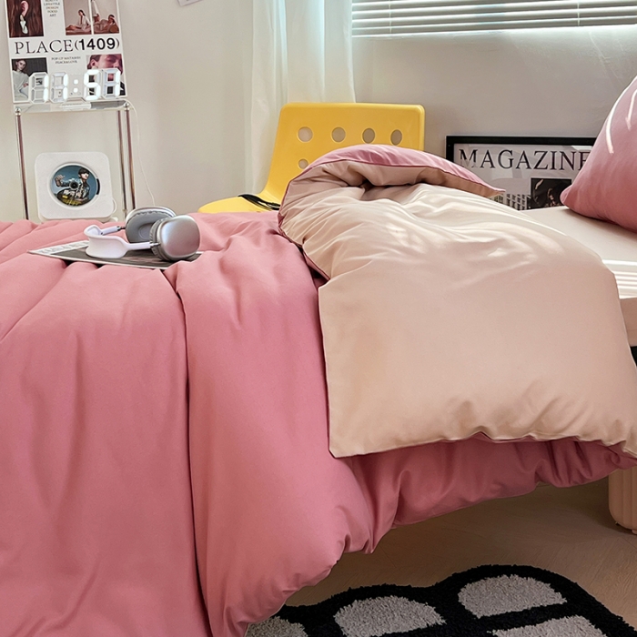 91家纺网 家纺一手货源 找家纺 蓝淋家纺 2023新款水洗棉学生宿舍亲肤三件套四件套 豆沙+奶茶