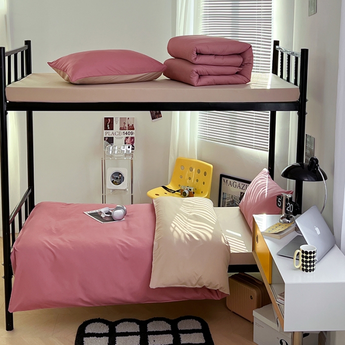 91家纺网 家纺一手货源 找家纺 蓝淋家纺 2023新款水洗棉学生宿舍亲肤三件套四件套 豆沙+奶茶