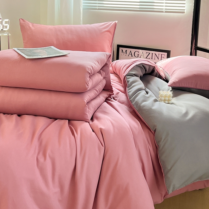 91家纺网 家纺一手货源 找家纺 蓝淋家纺 2023新款水洗棉学生宿舍亲肤三件套四件套 豆沙灰