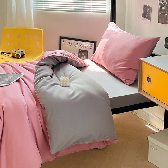 91家纺网 家纺一手货源 找家纺 蓝淋家纺 2023新款水洗棉学生宿舍亲肤三件套四件套 豆沙灰