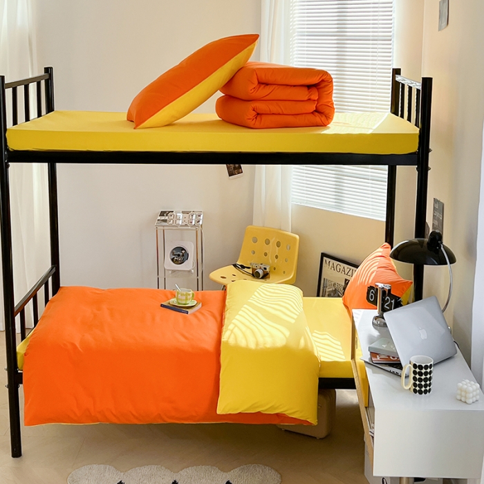 91家纺网 家纺一手货源 找家纺 蓝淋家纺 2023新款水洗棉学生宿舍亲肤三件套四件套 靓橙黄