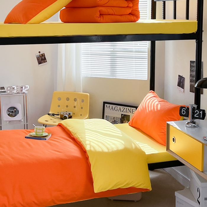 91家纺网 家纺一手货源 找家纺 蓝淋家纺 2023新款水洗棉学生宿舍亲肤三件套四件套 靓橙黄