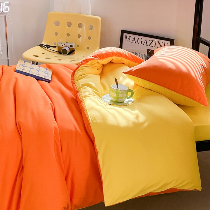 91家纺网 家纺一手货源 找家纺 蓝淋家纺 2023新款水洗棉学生宿舍亲肤三件套四件套 靓橙黄