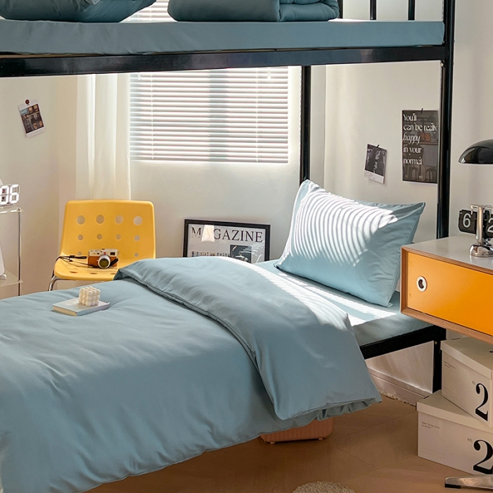 91家纺网 家纺一手货源 找家纺 蓝淋家纺 2023新款水洗棉学生宿舍亲肤三件套四件套 墨蓝