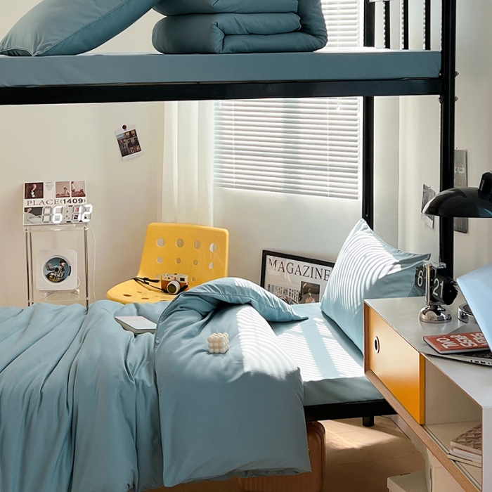 91家纺网 家纺一手货源 找家纺 蓝淋家纺 2023新款水洗棉学生宿舍亲肤三件套四件套 墨蓝