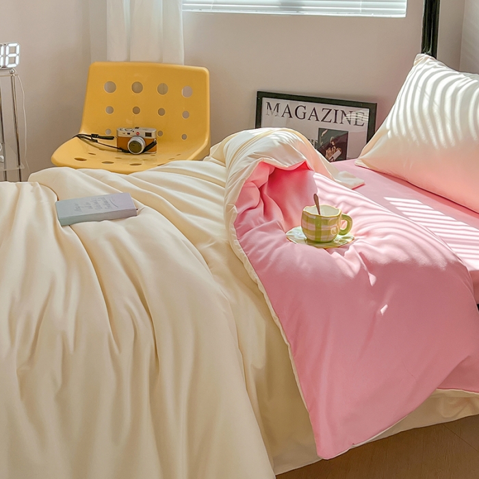 91家纺网 家纺一手货源 找家纺 蓝淋家纺 2023新款水洗棉学生宿舍亲肤三件套四件套 奶白玉