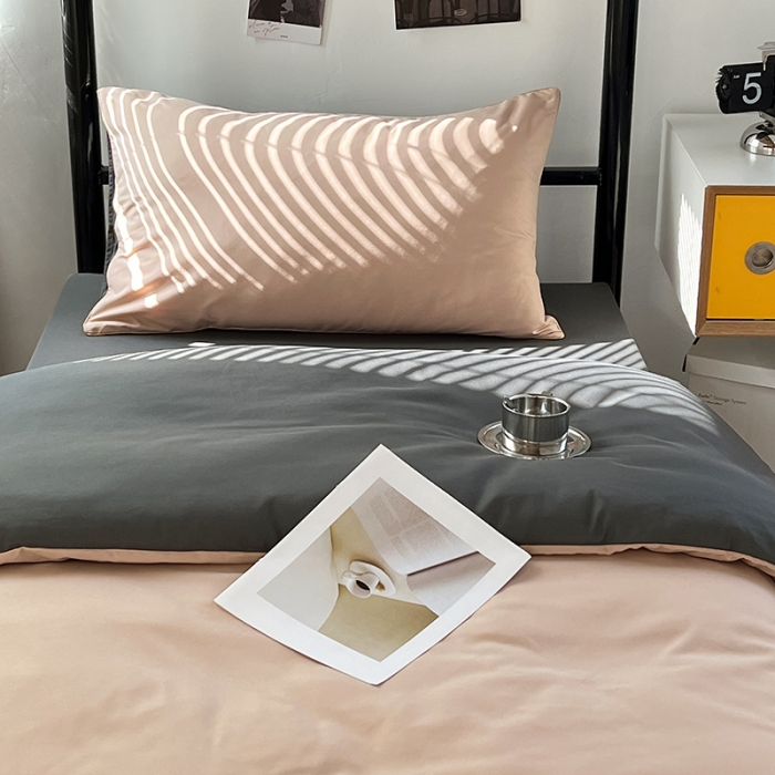 91家纺网 家纺一手货源 找家纺 蓝淋家纺 2023新款水洗棉学生宿舍亲肤三件套四件套 奶茶+深灰