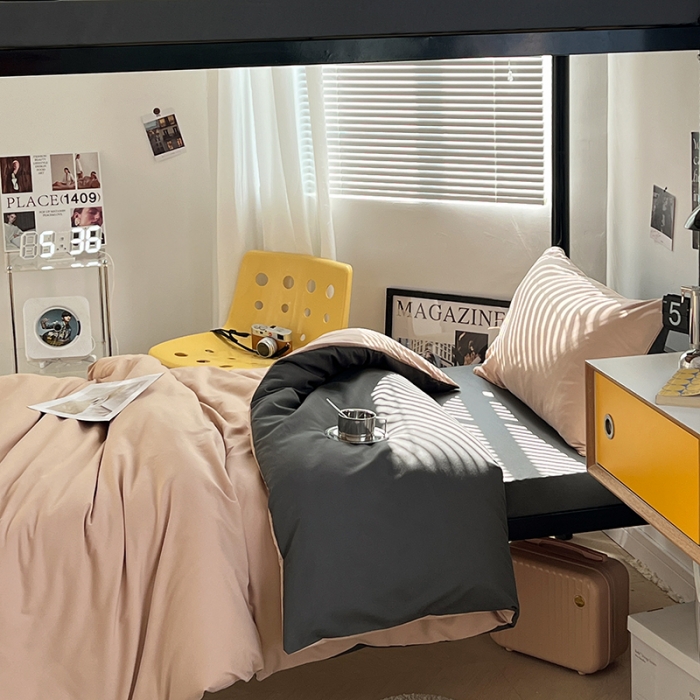 91家纺网 家纺一手货源 找家纺 蓝淋家纺 2023新款水洗棉学生宿舍亲肤三件套四件套 奶茶+深灰