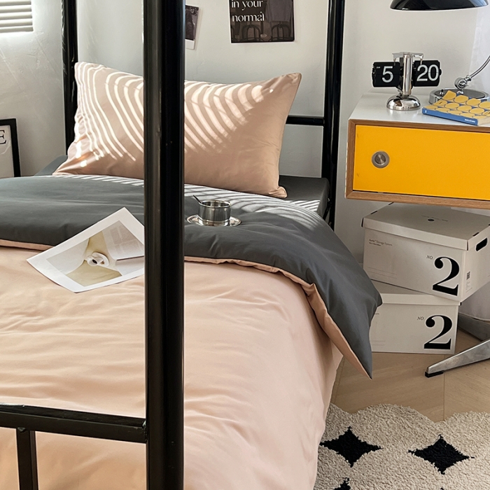 91家纺网 家纺一手货源 找家纺 蓝淋家纺 2023新款水洗棉学生宿舍亲肤三件套四件套 奶茶+深灰