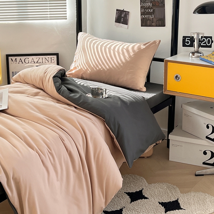 91家纺网 家纺一手货源 找家纺 蓝淋家纺 2023新款水洗棉学生宿舍亲肤三件套四件套 奶茶+深灰