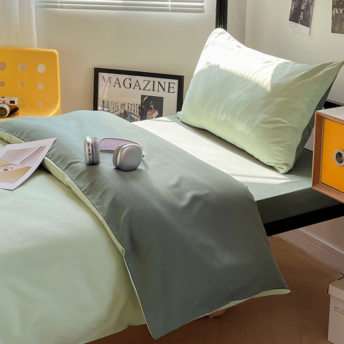 91家纺网 家纺一手货源 找家纺 蓝淋家纺 2023新款水洗棉学生宿舍亲肤三件套四件套 奶绿深绿