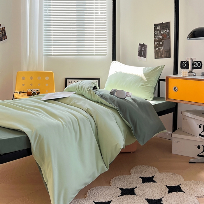 91家纺网 家纺一手货源 找家纺 蓝淋家纺 2023新款水洗棉学生宿舍亲肤三件套四件套 奶绿深绿