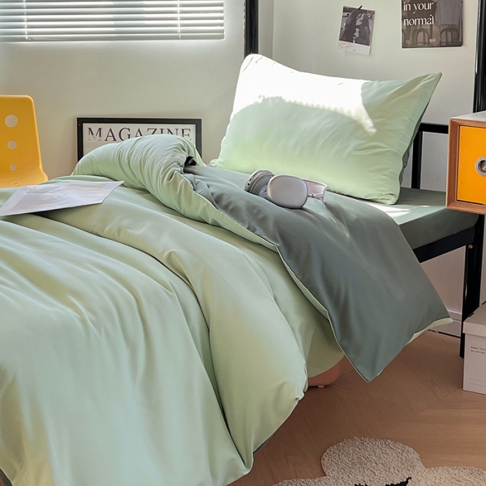 91家纺网 家纺一手货源 找家纺 蓝淋家纺 2023新款水洗棉学生宿舍亲肤三件套四件套 奶绿深绿