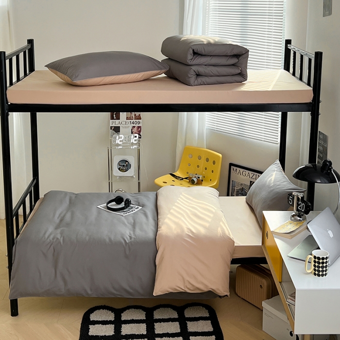 91家纺网 家纺一手货源 找家纺 蓝淋家纺 2023新款水洗棉学生宿舍亲肤三件套四件套 浅灰+奶茶