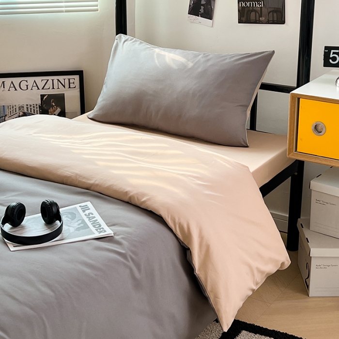 91家纺网 家纺一手货源 找家纺 蓝淋家纺 2023新款水洗棉学生宿舍亲肤三件套四件套 浅灰+奶茶