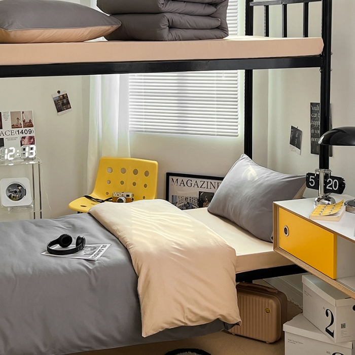 91家纺网 家纺一手货源 找家纺 蓝淋家纺 2023新款水洗棉学生宿舍亲肤三件套四件套 浅灰+奶茶