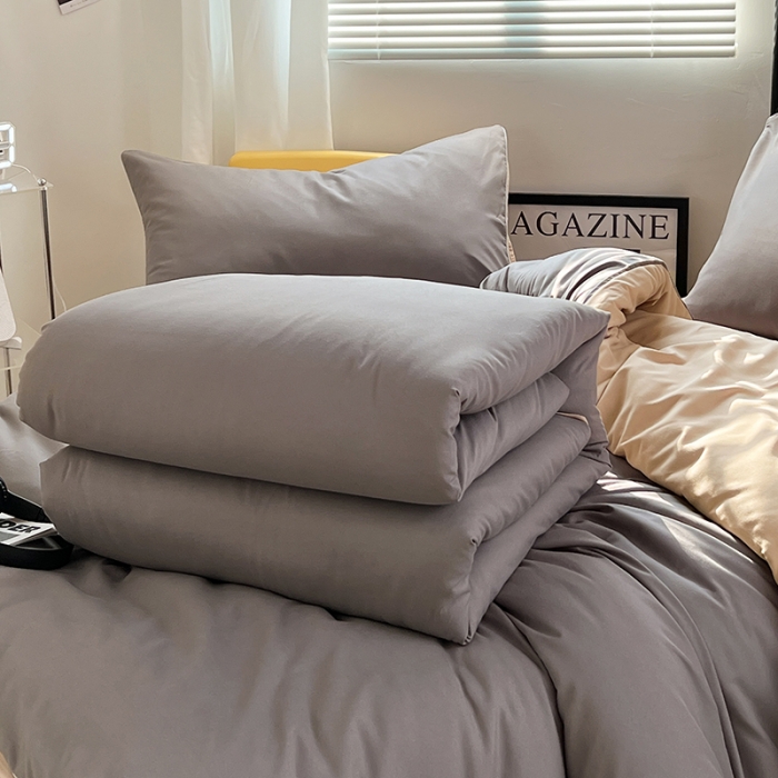 91家纺网 家纺一手货源 找家纺 蓝淋家纺 2023新款水洗棉学生宿舍亲肤三件套四件套 浅灰+奶茶