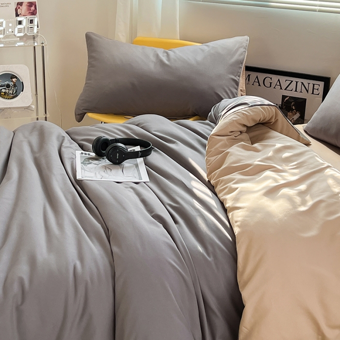 91家纺网 家纺一手货源 找家纺 蓝淋家纺 2023新款水洗棉学生宿舍亲肤三件套四件套 浅灰+奶茶