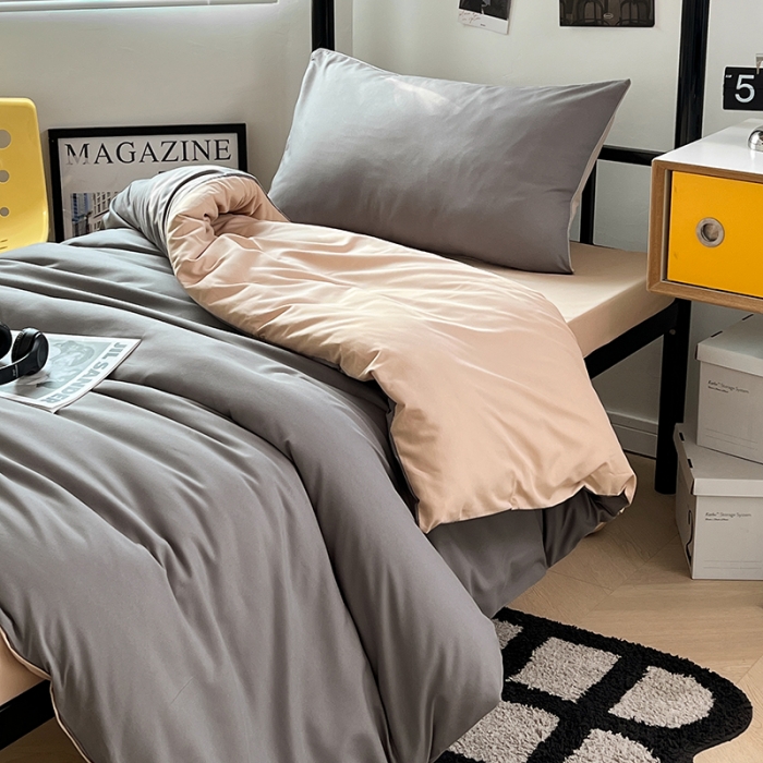 91家纺网 家纺一手货源 找家纺 蓝淋家纺 2023新款水洗棉学生宿舍亲肤三件套四件套 浅灰+奶茶