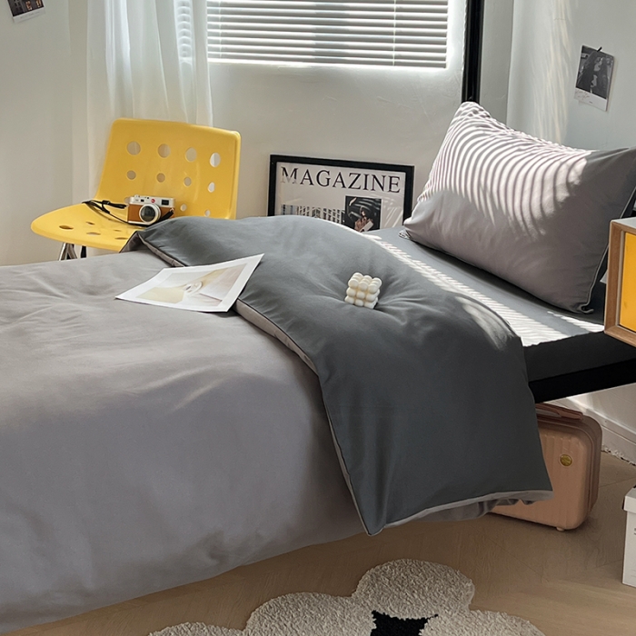 91家纺网 家纺一手货源 找家纺 蓝淋家纺 2023新款水洗棉学生宿舍亲肤三件套四件套 浅灰深灰