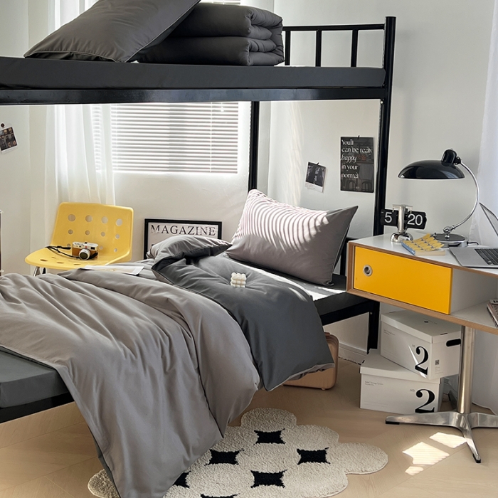 91家纺网 家纺一手货源 找家纺 蓝淋家纺 2023新款水洗棉学生宿舍亲肤三件套四件套 浅灰深灰