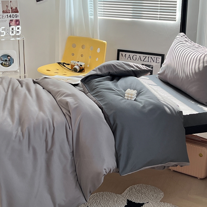 91家纺网 家纺一手货源 找家纺 蓝淋家纺 2023新款水洗棉学生宿舍亲肤三件套四件套 浅灰深灰