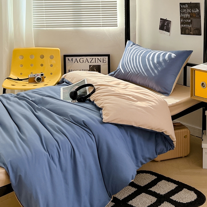 91家纺网 家纺一手货源 找家纺 蓝淋家纺 2023新款水洗棉学生宿舍亲肤三件套四件套 浅蓝灰+奶茶