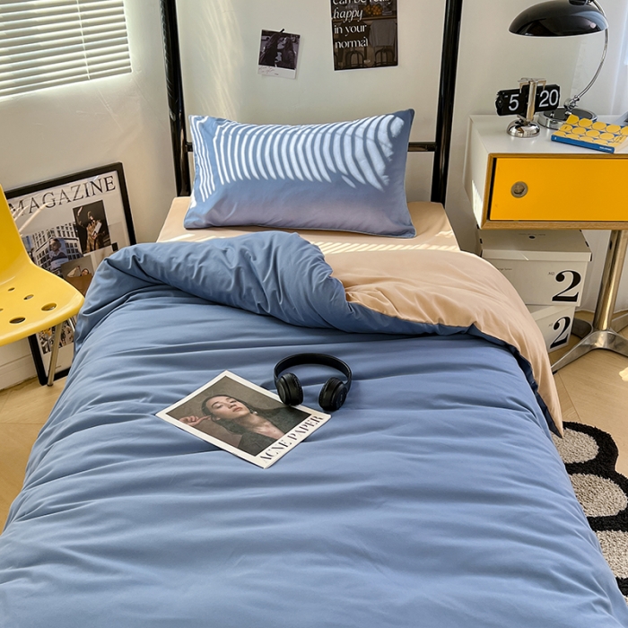 91家纺网 家纺一手货源 找家纺 蓝淋家纺 2023新款水洗棉学生宿舍亲肤三件套四件套 浅蓝灰+奶茶