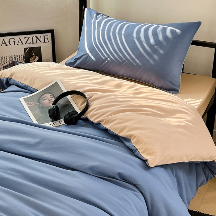 91家纺网 家纺一手货源 找家纺 蓝淋家纺 2023新款水洗棉学生宿舍亲肤三件套四件套 浅蓝灰+奶茶