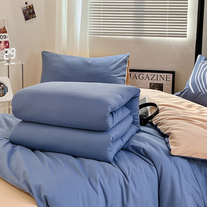 91家纺网 家纺一手货源 找家纺 蓝淋家纺 2023新款水洗棉学生宿舍亲肤三件套四件套 浅蓝灰+奶茶