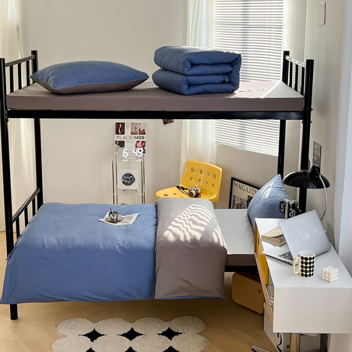 91家纺网 家纺一手货源 找家纺 蓝淋家纺 2023新款水洗棉学生宿舍亲肤三件套四件套 浅蓝灰+浅灰