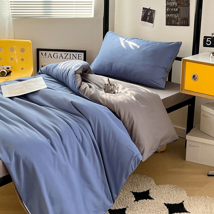 91家纺网 家纺一手货源 找家纺 蓝淋家纺 2023新款水洗棉学生宿舍亲肤三件套四件套 浅蓝灰+浅灰